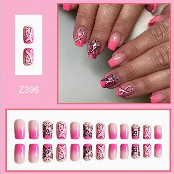24 pcs glossy short square press on nails- pink Cancer ribbons 🎀 - Picture 2 of 5